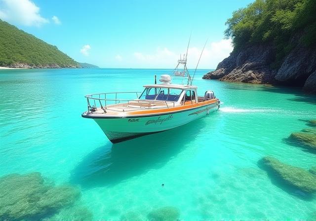 The smaller, agile 'Reef Runner' boat near the coastline.